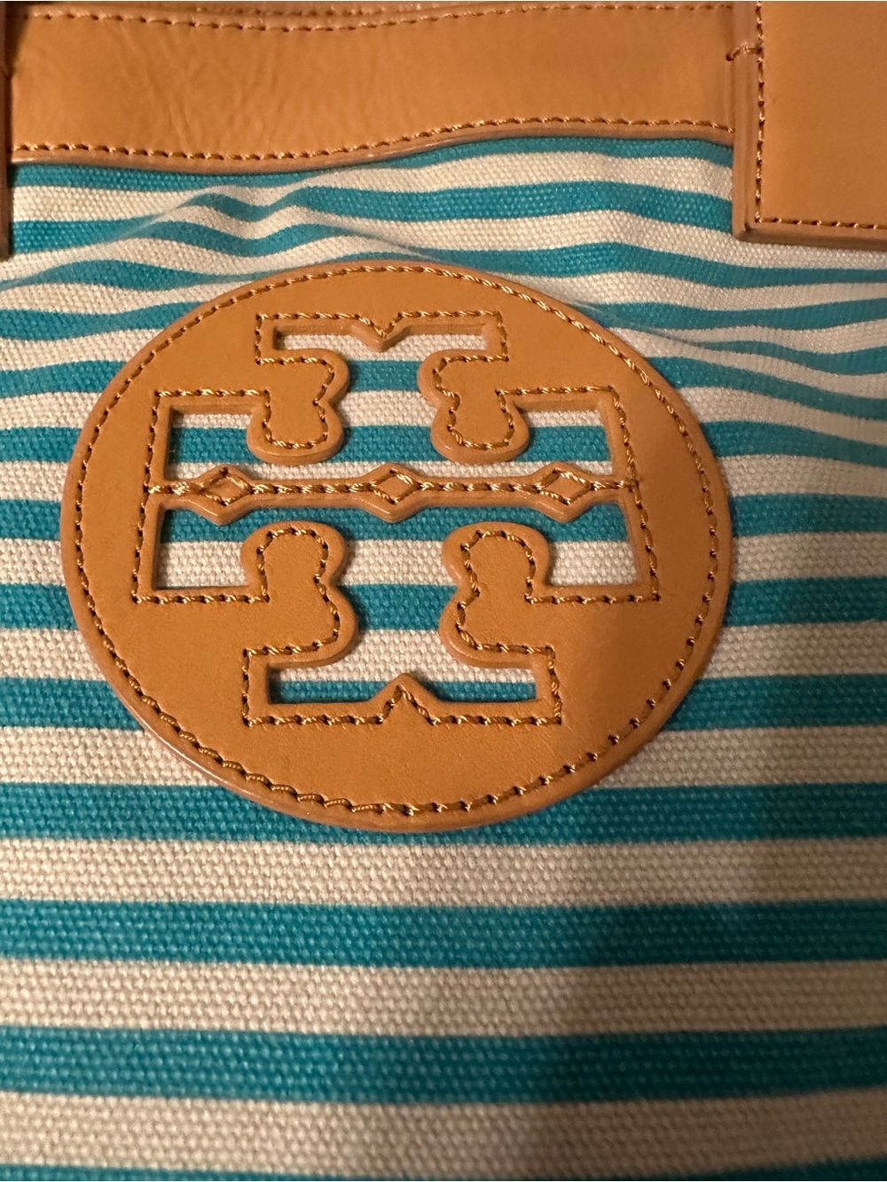 Tory Burch Teal and Cream Striped Canvas Small Sophia Tote with Tan Leather Trim - Picture 10 of 16